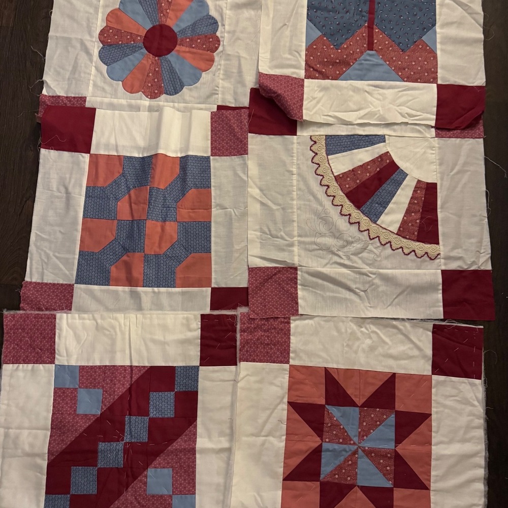 Handmade Quilt Top Panels 12 Vintage Patchwork Red White Blue Cotton - Picture 11 of 16
